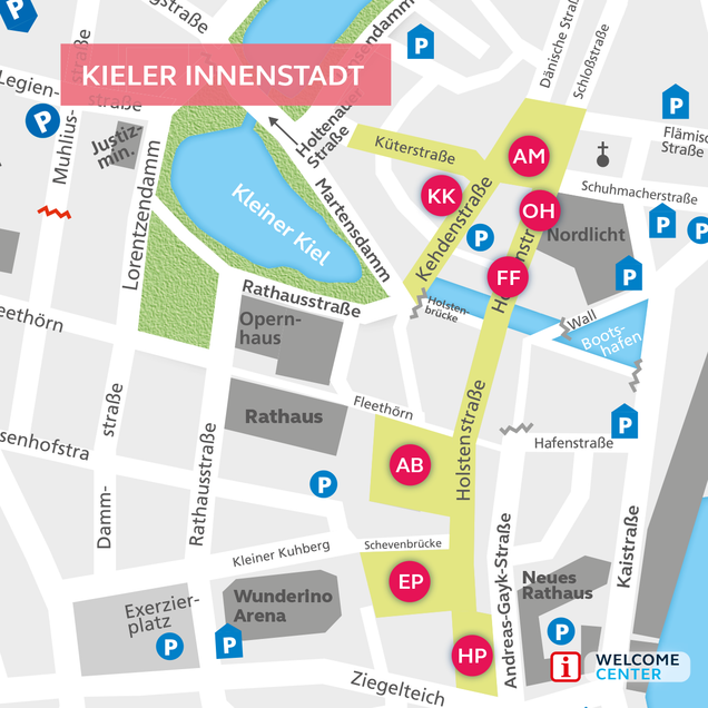 Karte der Innenstadt mit den Spots, wo Kiel blüht auf! stattfindet